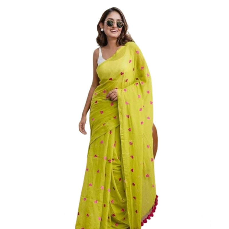 Mayawye Women's Linen Printed Saree With Unstitched Blouse 5.5Mtr (Light Green)