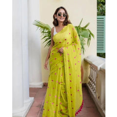 Mayawye Women's Linen Printed Saree With Unstitched Blouse 5.5Mtr (Light Green)