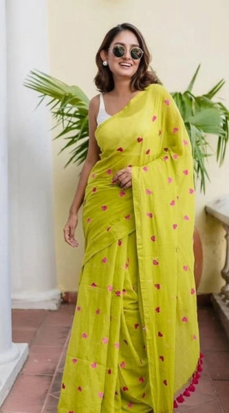 Mayawye Women's Linen Printed Saree With Unstitched Blouse 5.5Mtr (Light Green)