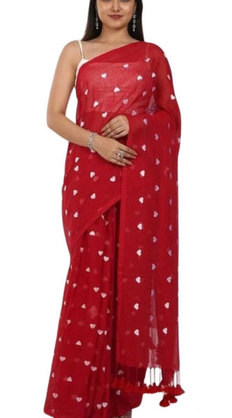 Mayawye Women's Linen Printed Saree With Unstitched Blouse 5.5Mtr (Red)