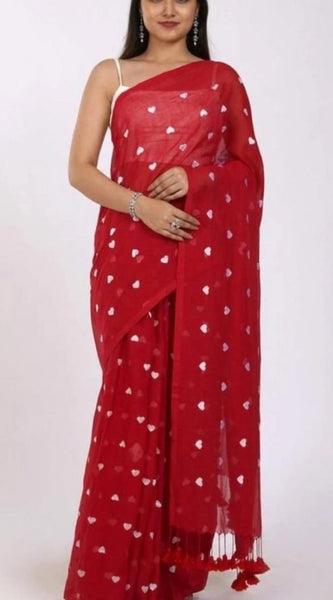 Mayawye Women's Linen Printed Saree With Unstitched Blouse 5.5Mtr (Red)