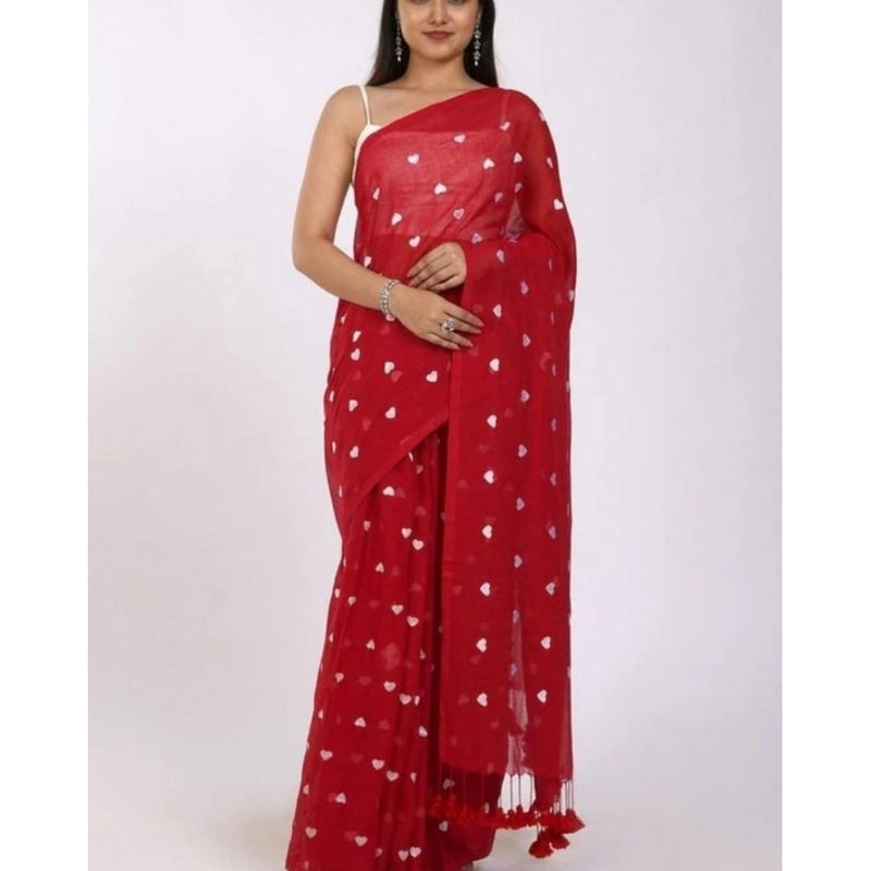 Mayawye Women's Linen Printed Saree With Unstitched Blouse 5.5Mtr (Red)