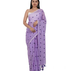 Mayawye Women's Linen Printed Saree With Unstitched Blouse 5.5Mtr (Purple)