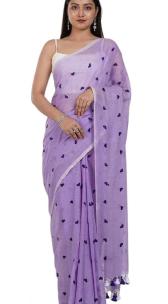 Mayawye Women's Linen Printed Saree With Unstitched Blouse 5.5Mtr (Purple)
