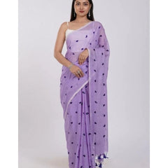 Mayawye Women's Linen Printed Saree With Unstitched Blouse 5.5Mtr (Purple)