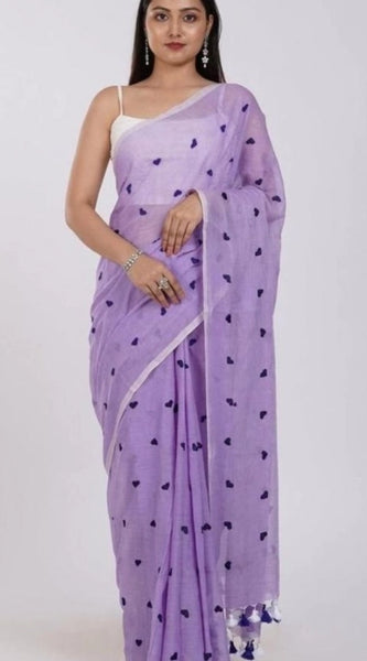 Mayawye Women's Linen Printed Saree With Unstitched Blouse 5.5Mtr (Purple)
