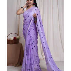 Mayawye Women's Linen Printed Saree With Unstitched Blouse 5.5Mtr (Purple)