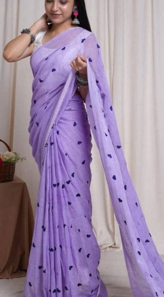 Mayawye Women's Linen Printed Saree With Unstitched Blouse 5.5Mtr (Purple)