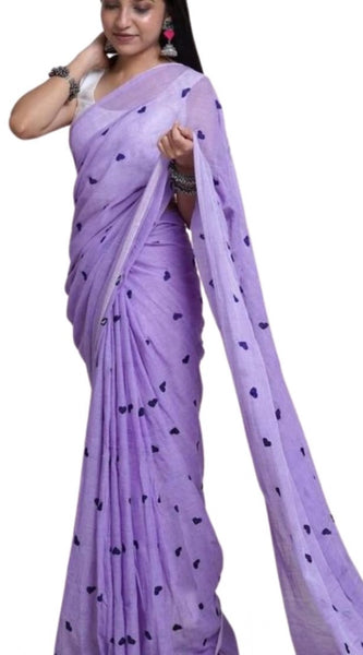 Mayawye Women's Linen Printed Saree With Unstitched Blouse 5.5Mtr (Purple)