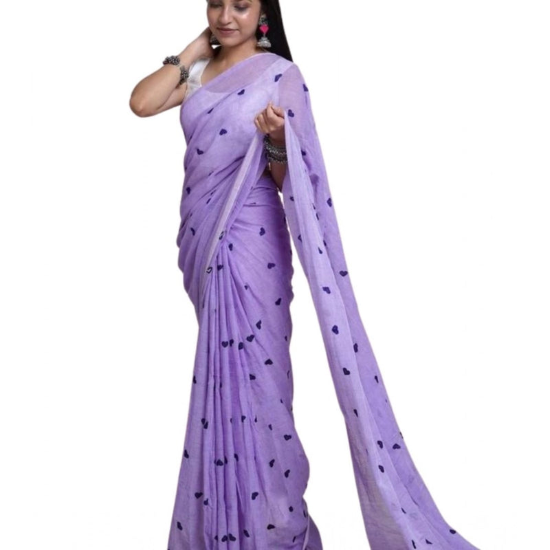Mayawye Women's Linen Printed Saree With Unstitched Blouse 5.5Mtr (Purple)