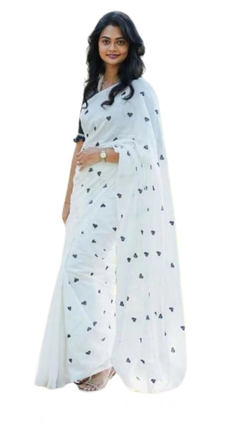 Mayawye Women's Linen Printed Saree With Unstitched Blouse 5.5Mtr (White)
