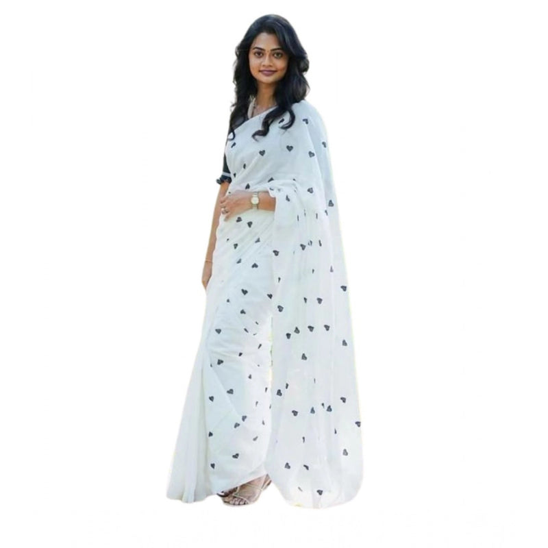 Mayawye Women's Linen Printed Saree With Unstitched Blouse 5.5Mtr (White)