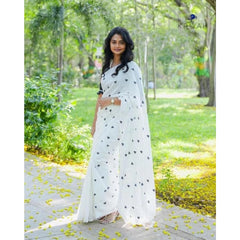 Mayawye Women's Linen Printed Saree With Unstitched Blouse 5.5Mtr (White)