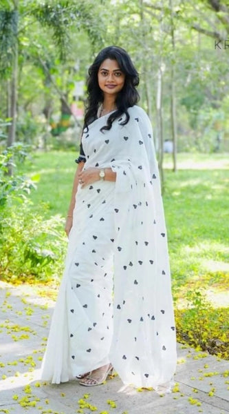 Mayawye Women's Linen Printed Saree With Unstitched Blouse 5.5Mtr (White)