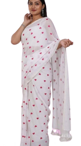 Mayawye Women's Linen Printed Saree With Unstitched Blouse 5.5Mtr (White)