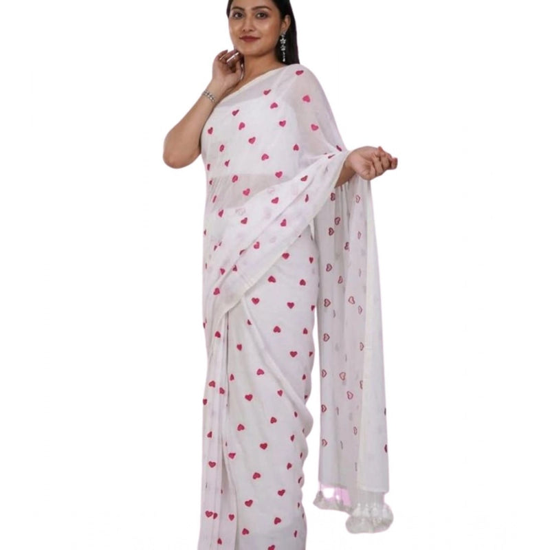 Mayawye Women's Linen Printed Saree With Unstitched Blouse 5.5Mtr (White)