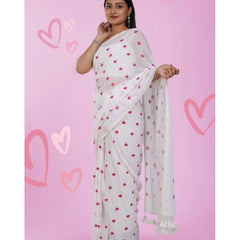 Mayawye Women's Linen Printed Saree With Unstitched Blouse 5.5Mtr (White)