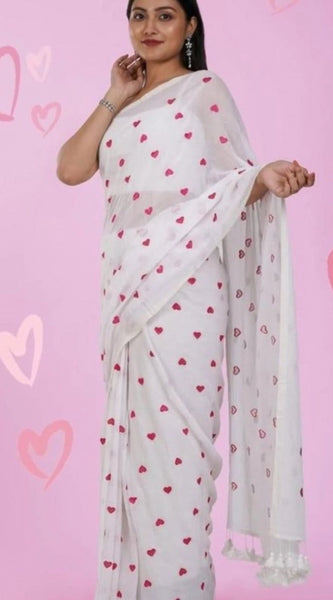 Mayawye Women's Linen Printed Saree With Unstitched Blouse 5.5Mtr (White)
