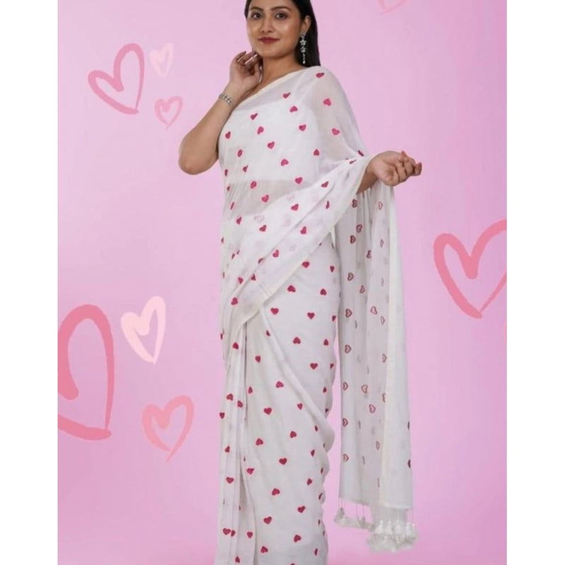 Mayawye Women's Linen Printed Saree With Unstitched Blouse 5.5Mtr (White)