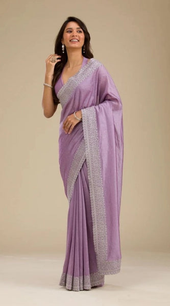 Mayawye Women's Silk Embroidred Saree With Unstitched Blouse 5.5Mtr (Purple)