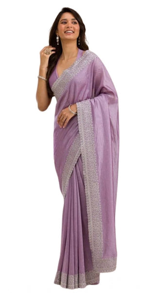 Mayawye Women's Silk Embroidred Saree With Unstitched Blouse 5.5Mtr (Purple)