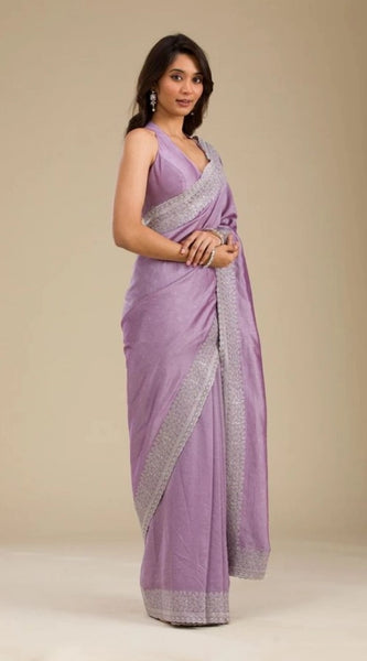 Mayawye Women's Silk Embroidred Saree With Unstitched Blouse 5.5Mtr (Purple)