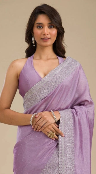 Mayawye Women's Silk Embroidred Saree With Unstitched Blouse 5.5Mtr (Purple)
