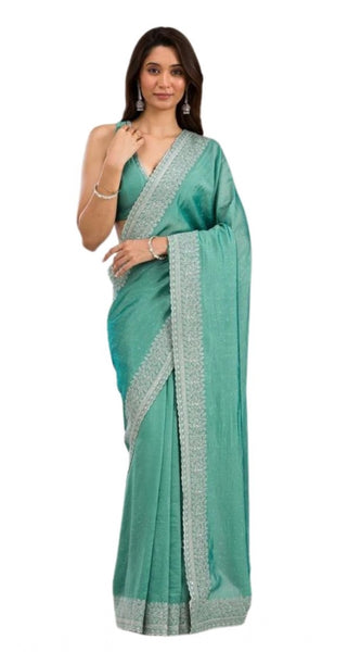 Mayawye Women's Silk Embroidred Saree With Unstitched Blouse 5.5Mtr (Light Green)