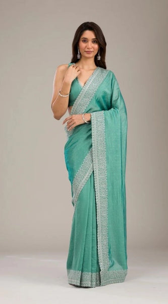 Mayawye Women's Silk Embroidred Saree With Unstitched Blouse 5.5Mtr (Light Green)