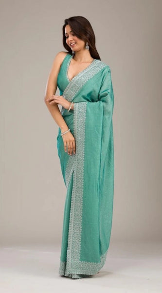 Mayawye Women's Silk Embroidred Saree With Unstitched Blouse 5.5Mtr (Light Green)