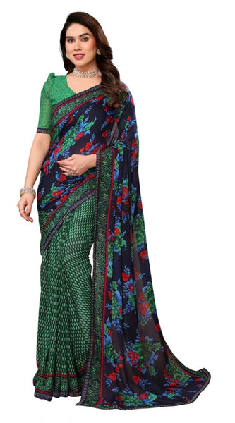 Mayawye Women's Georgette Printed Saree With Unstitched Blouse 5.5Mtr (Green)