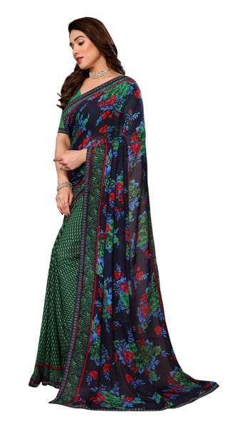 Mayawye Women's Georgette Printed Saree With Unstitched Blouse 5.5Mtr (Green)