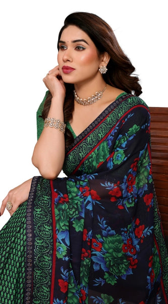 Mayawye Women's Georgette Printed Saree With Unstitched Blouse 5.5Mtr (Green)