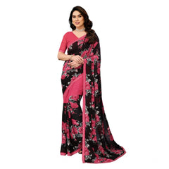 Mayawye Women's Georgette Printed Saree With Unstitched Blouse 5.5Mtr (Pink)