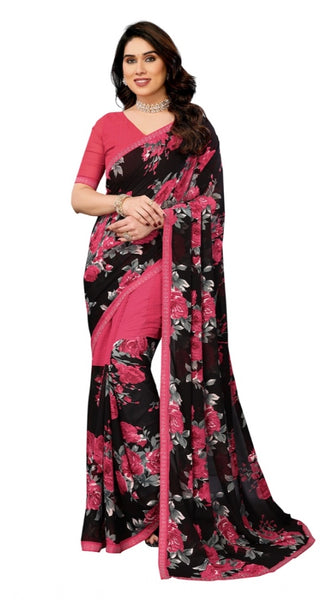 Mayawye Women's Georgette Printed Saree With Unstitched Blouse 5.5Mtr (Pink)