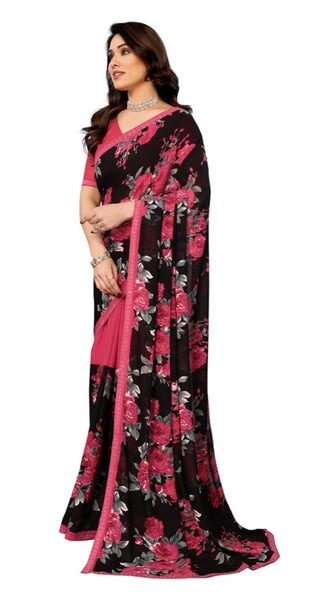 Mayawye Women's Georgette Printed Saree With Unstitched Blouse 5.5Mtr (Pink)