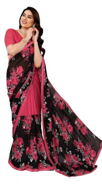 Mayawye Women's Georgette Printed Saree With Unstitched Blouse 5.5Mtr (Pink)