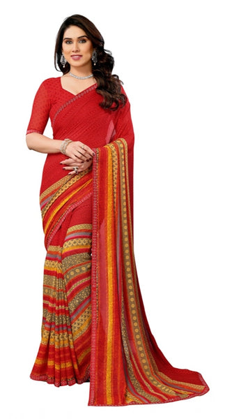 Mayawye Women's Georgette Printed Saree With Unstitched Blouse 5.5Mtr (Red)