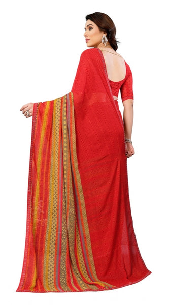 Mayawye Women's Georgette Printed Saree With Unstitched Blouse 5.5Mtr (Red)