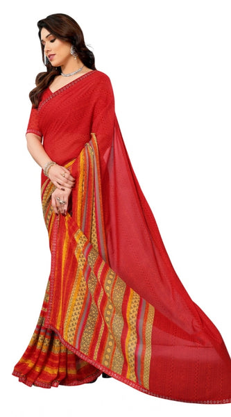 Mayawye Women's Georgette Printed Saree With Unstitched Blouse 5.5Mtr (Red)