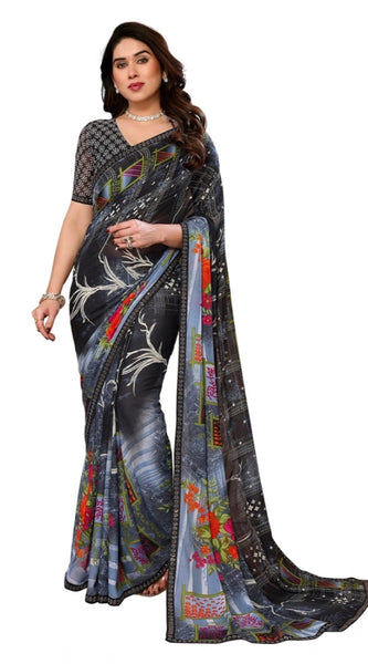 Mayawye Women's Georgette Printed Saree With Unstitched Blouse 5.5Mtr (Black)