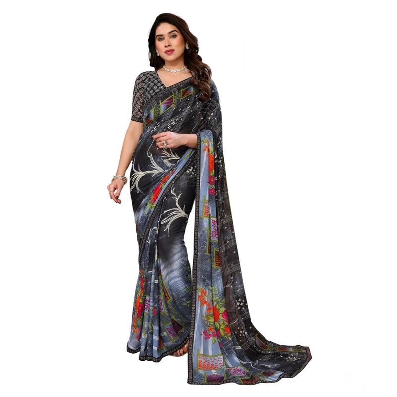 Mayawye Women's Georgette Printed Saree With Unstitched Blouse 5.5Mtr (Black)