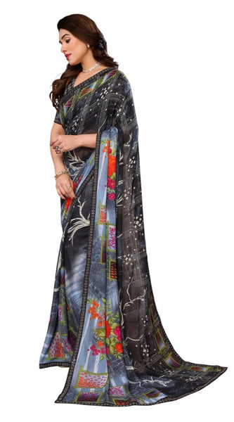 Mayawye Women's Georgette Printed Saree With Unstitched Blouse 5.5Mtr (Black)