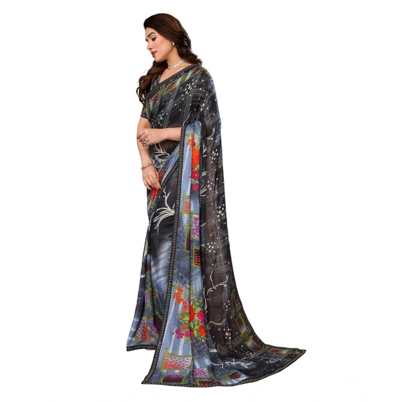 Mayawye Women's Georgette Printed Saree With Unstitched Blouse 5.5Mtr (Black)