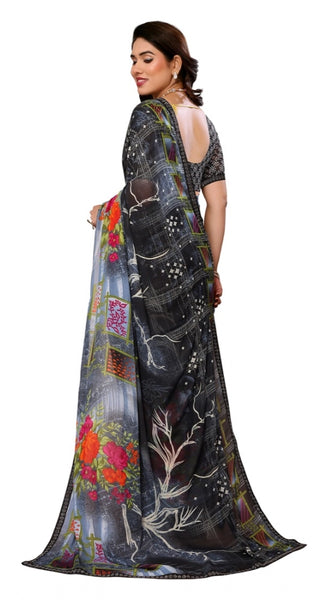 Mayawye Women's Georgette Printed Saree With Unstitched Blouse 5.5Mtr (Black)