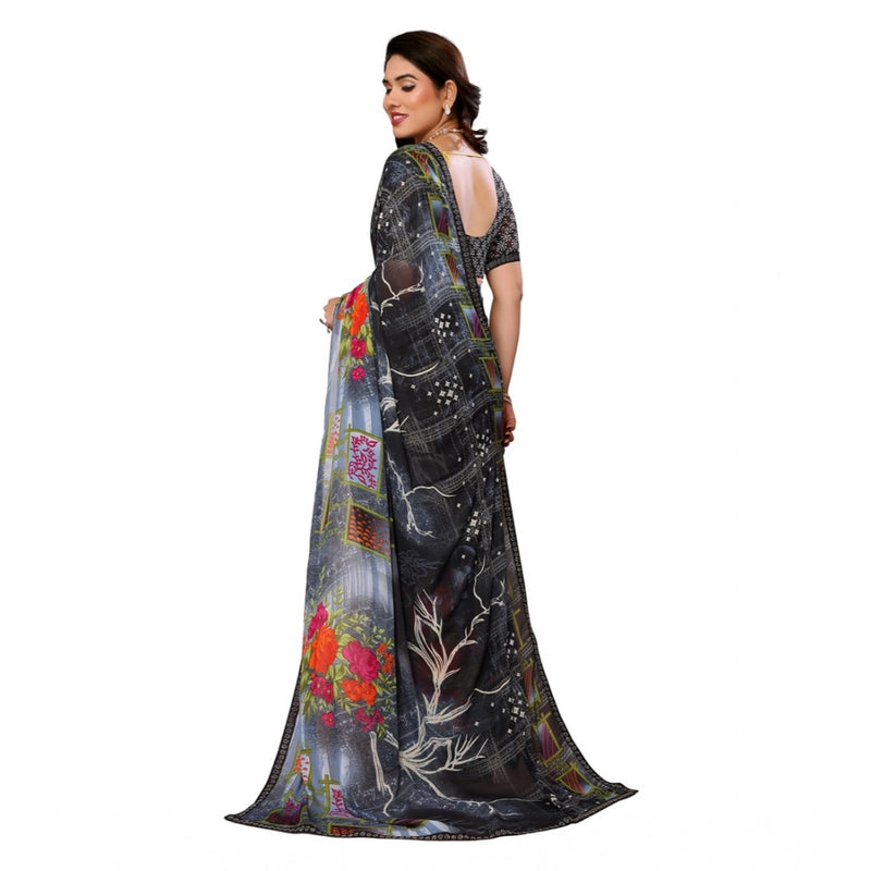 Mayawye Women's Georgette Printed Saree With Unstitched Blouse 5.5Mtr (Black)