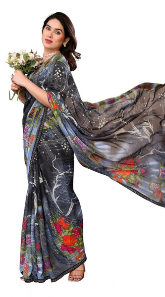 Mayawye Women's Georgette Printed Saree With Unstitched Blouse 5.5Mtr (Black)