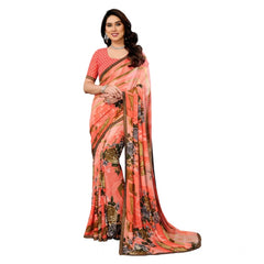 Mayawye Women's Georgette Printed Saree With Unstitched Blouse 5.5Mtr (Orange)