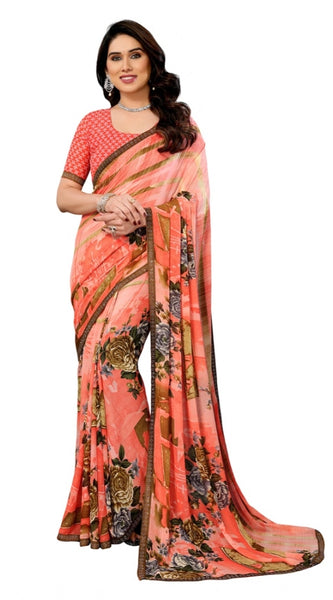 Mayawye Women's Georgette Printed Saree With Unstitched Blouse 5.5Mtr (Orange)