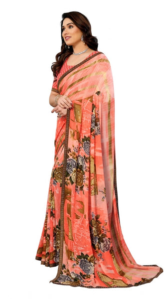 Mayawye Women's Georgette Printed Saree With Unstitched Blouse 5.5Mtr (Orange)